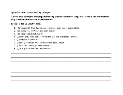 Spanish 1 Exam review: Writing prompts