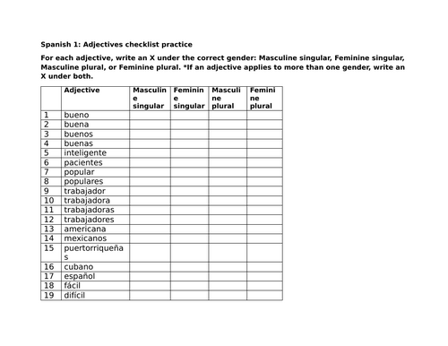 Spanish 1: Adjectives checklist practice