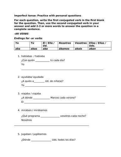 Imperfect tense guided questions practice