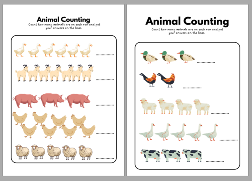 Farm animal counting worksheet (Numbers 1-10)