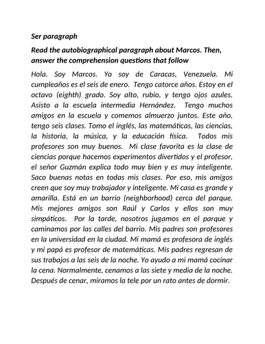 Ser paragraph with questions