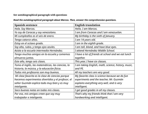 Ser paragraph with questions (Present tense)