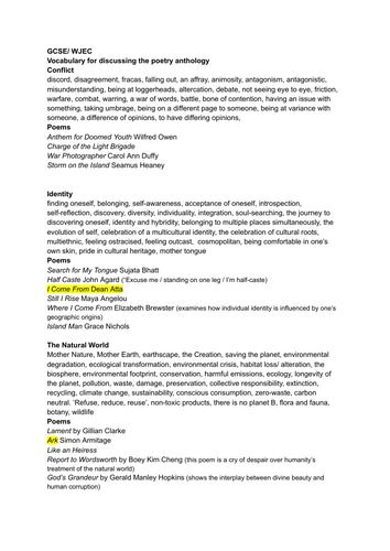 WJEC/ GCSE ENGLISH LANGUAGE AND LITERAUTRE poetry anthology VOCABULARY