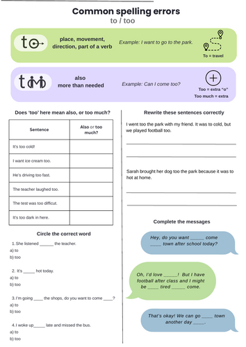 Spelling practice - to/too homophones