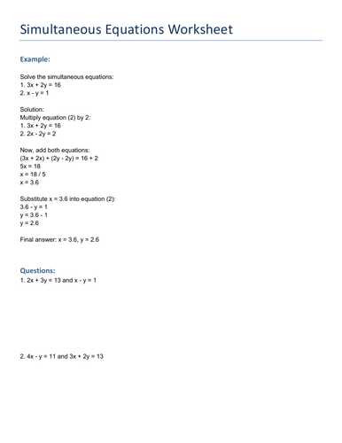 (1) Simultaneous Equation Worksheet