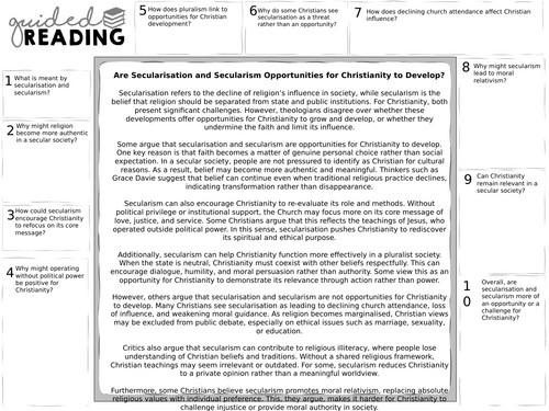 A-Level Religious Studies secularism Does it give opp for christianity guided reading