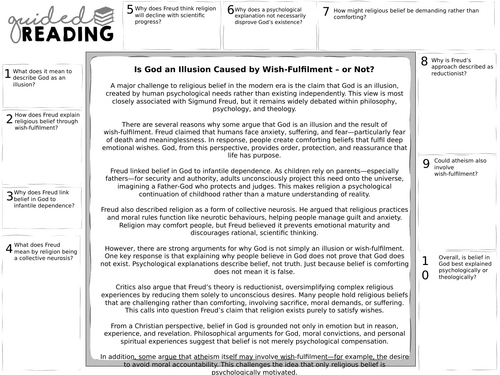 A Level Religious Studies Secularism god as an illusion and wish For/Against guided reading