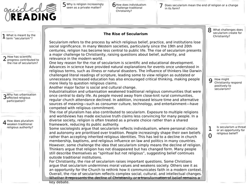 A level Religious Studies secularism rise of secularism guided reading