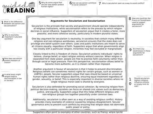A level Religious Studies secularism arguments for secularisation guided reading