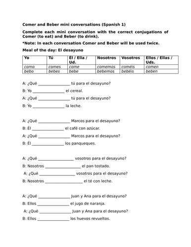 Comer and Beber mini conversations (Spanish 1)