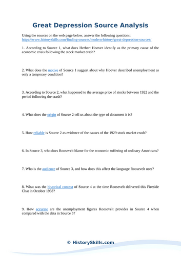 Great Depression Source Analysis Worksheet | Teaching Resources