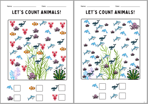 Sea/ Ocean Animals Counting Worksheet (Numbers 1-20)