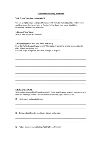 Fantasy Worldbuilding Worksheet