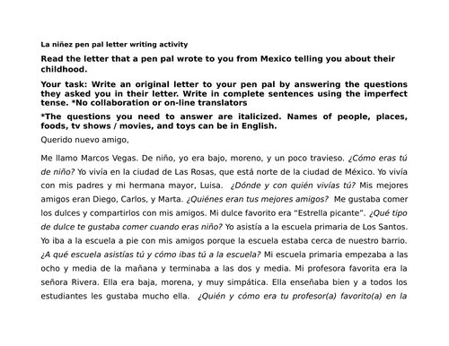 La niñez pen pal letter writing activity (Imperfect tense)