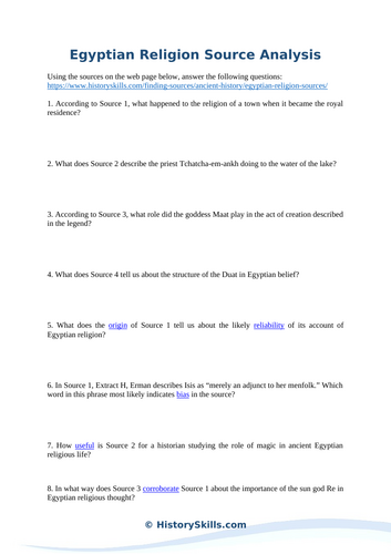 Ancient Egyptian Religion Source Analysis Worksheet