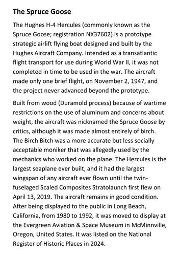 The Spruce Goose Handout