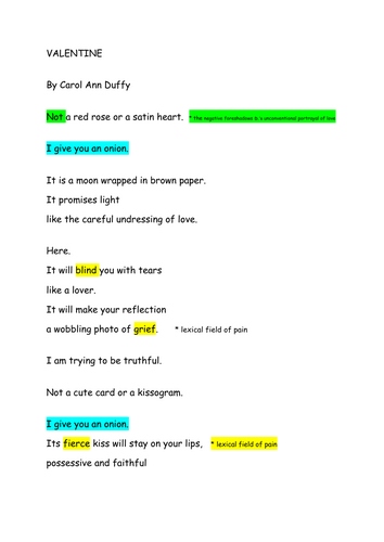 "VALENTINE" GCSE (WJEC) ENGLISH LANGUAGE AND LITERATURE poetry analysis