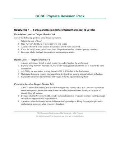 Forces and Motion: Differentiated Worksheet (3 Levels)