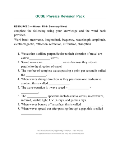 RESOURCE 3 — Waves: Fill-in Summary Sheet