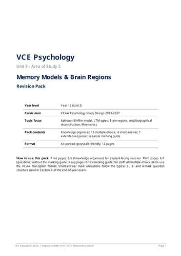 VCE Psychology Unit 3 Memory Revision Pack