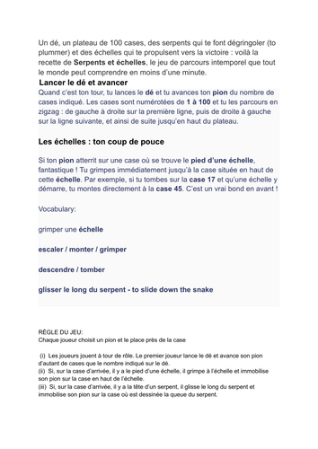 "serpents et échelles"  teaching resource for learning French : vocabulary for snakes and ladders