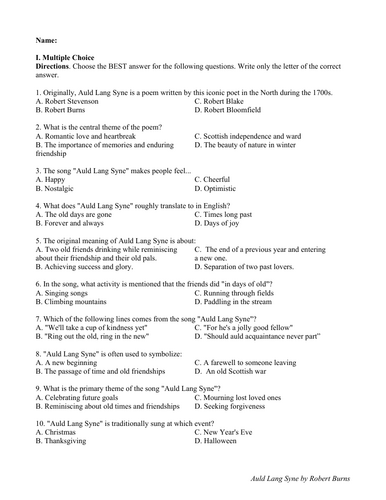 Auld Lang Syne by Robert Burns (Test Questions and Answer Key)