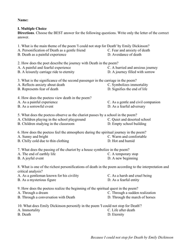 Because I could not stop for Death by Emily Dickinson (Test Questions w/ Answer)