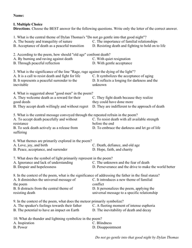 Do not go gentle into that good night by Dylan Thomas (Test Questions w/ Answer)