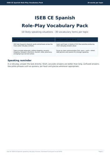 ISEB CE Spanish Role-Play Vocabulary Pack