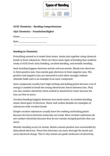 Bonding Comprehension GCSE Chemistry