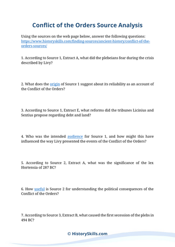 Conflict of the Orders in Ancient Rome Source Analysis Worksheet