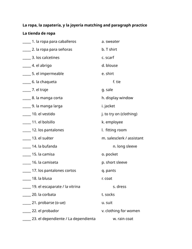 La ropa, la zapatería, y la joyería matching and paragraph practice