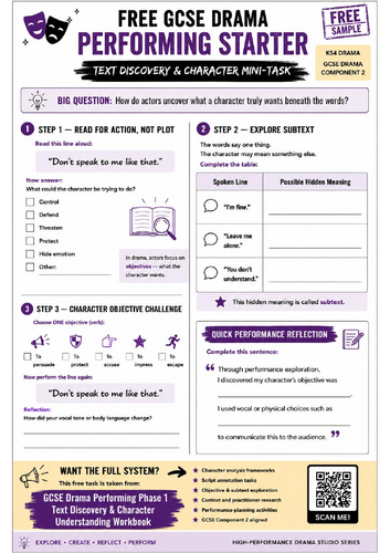 FREE GCSE Drama Performing Starter | Character Objectives & Subtext Mini-Task | KS4 Drama