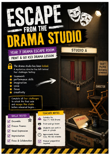 Escape from the Drama Studio | Year 7 Drama Escape Room | Print & Go KS3 Drama Lesson