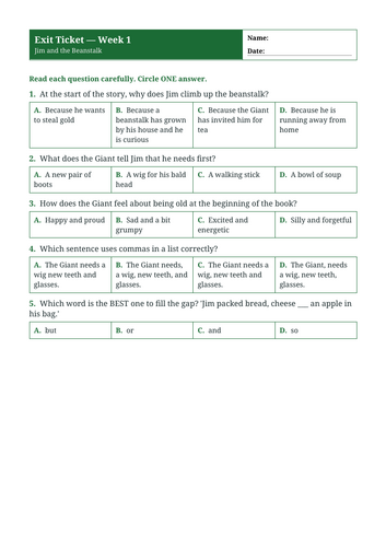 Jim and the Beanstalk | Year 2 English Unit | 15 Complete Lessons + Resources + Mark Scheme