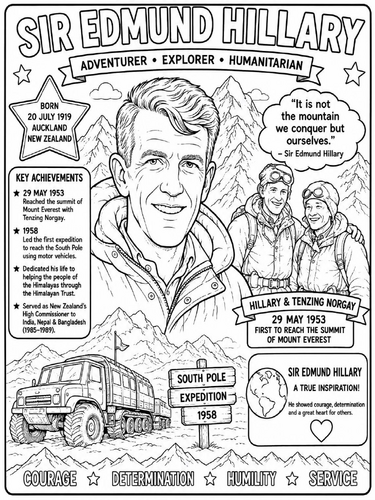 Sir Edmund Hillary coloring poster
