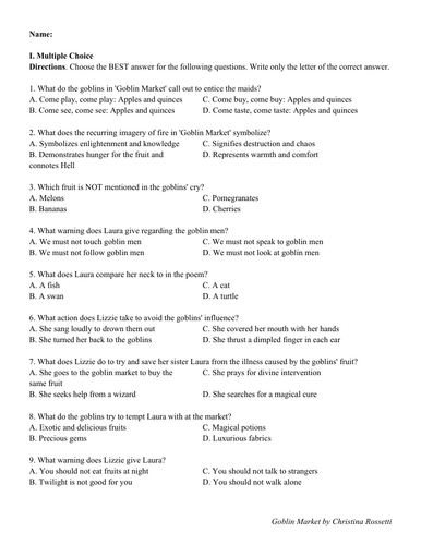 Goblin Market by Christina Rossetti (Test Questions and Answer Key)