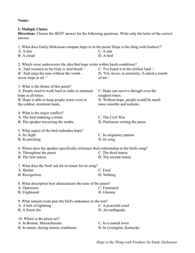Hope is the Thing with Feathers by Emily Dickins (Test Questions and Answer Key)