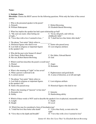 How Do I Love Thee? (Sonnet 43) by Elizabeth Barrett Browning (Quiz w/ Answers)