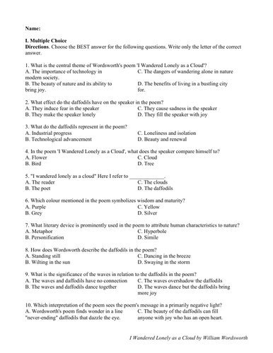 I Wandered Lonely as a Cloud by William Wordsworth (Test Questions w/ Answers)