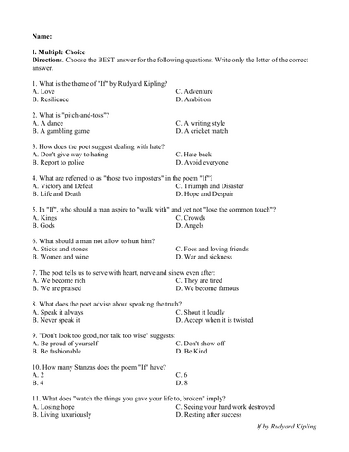 If by Rudyard Kipling (Test Questions and Answer Key)