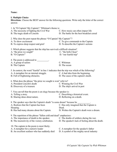 O Captain! My Captain! by Walt Whitman (Test Questions and Answer Key)