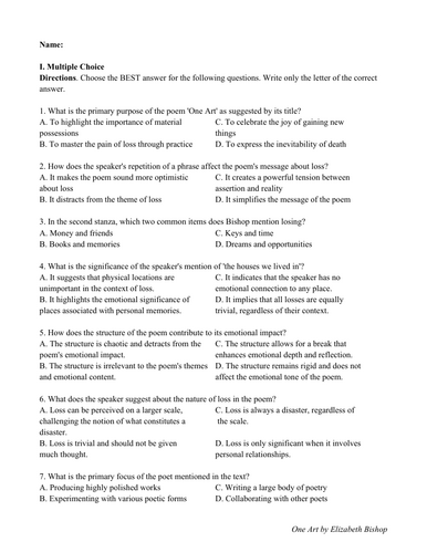 One Art by Elizabeth Bishop (Test Questions and Answer Key)