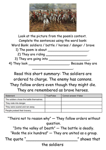 Charge of the Light Brigade Worksheet LPA