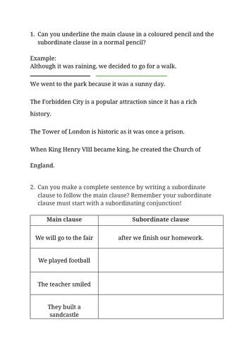 Subordinate clauses worksheet