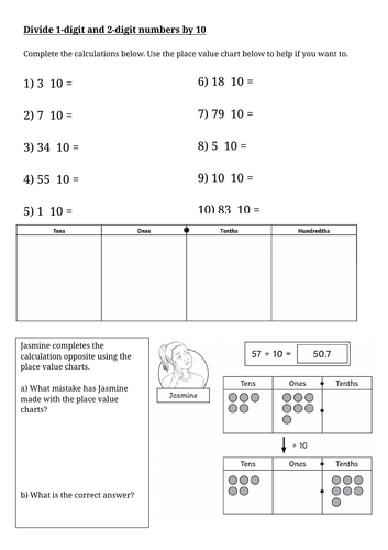 Divide 1-digit and 2-digit numbers by 10