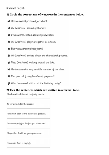 Standard English Worksheet