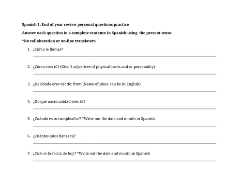 Spanish 1: End of year review personal questions practice