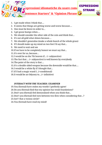 Sentence Starters / opinion phrases / idiomatic expressions Italian GCSE and A Level iditioms