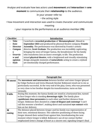 Eduqas GCSE Drama Section C full mark exemplar with structure - acting